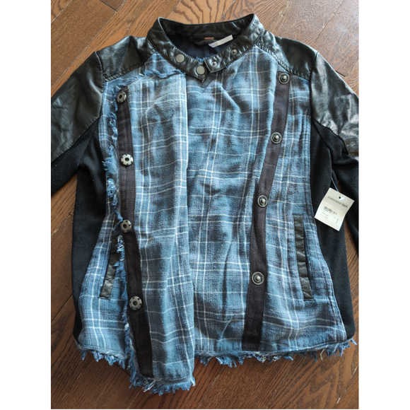 Free people Faux Leather Plaid Snap Button Motor Jacket Womens Sz XS Bikercore - Picture 11 of 11